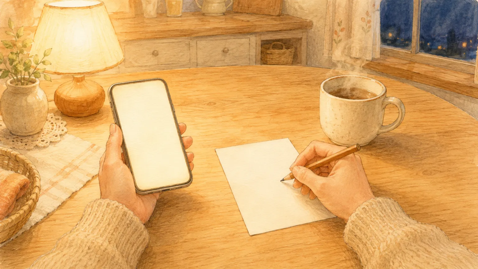 夜のキッチンで、スマホを見ながらメモを書く母の手元