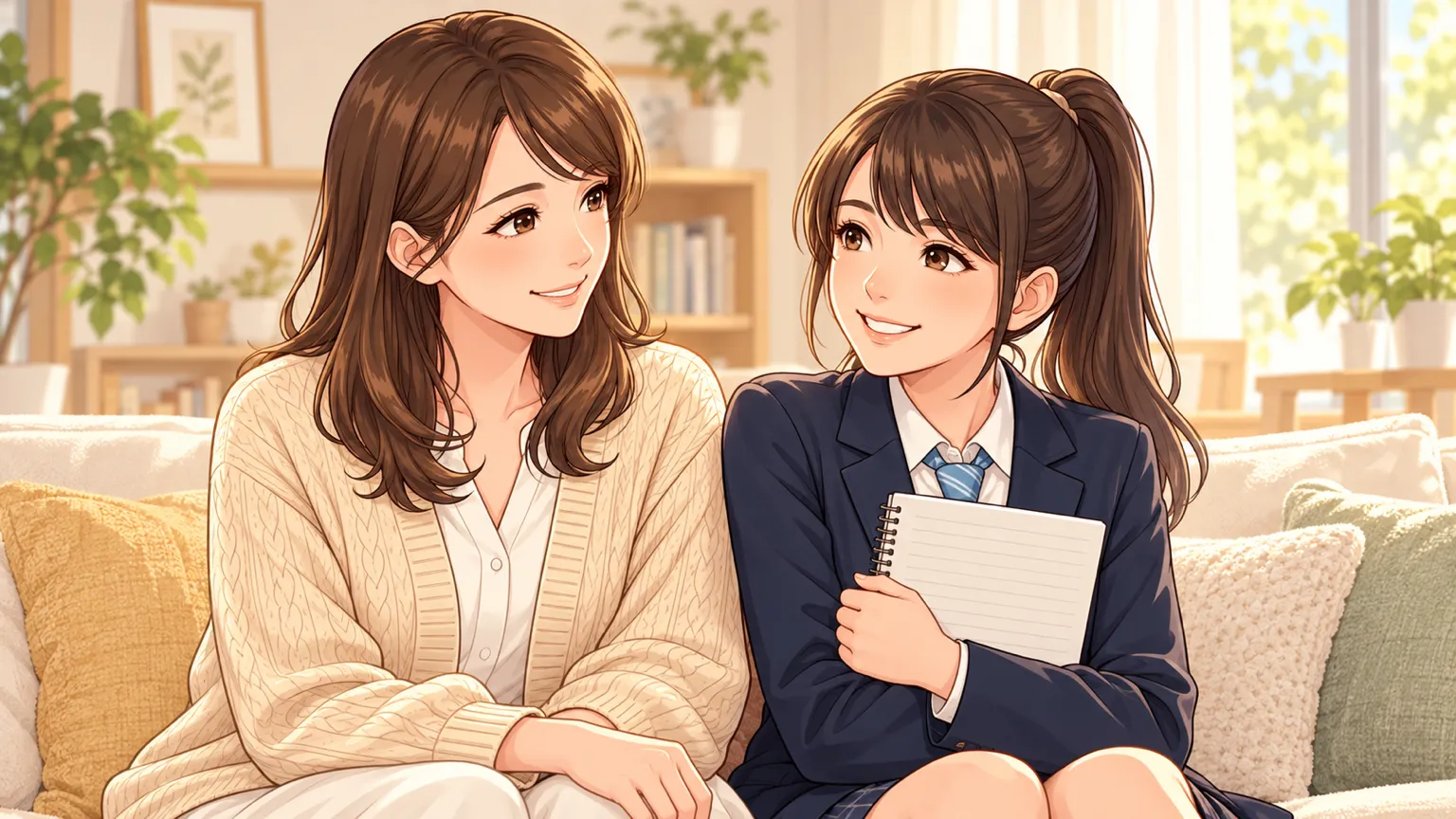 めぐりんとオレンジジュースがソファに並んで座り、ノートを抱えて笑顔で顔を見合わせている様子