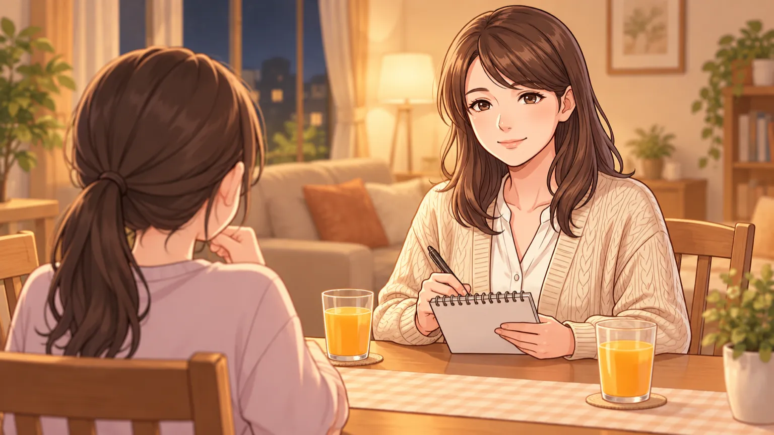 夜のリビングのテーブルで、母が聞き役になって、子どもと面接の練習をしている様子